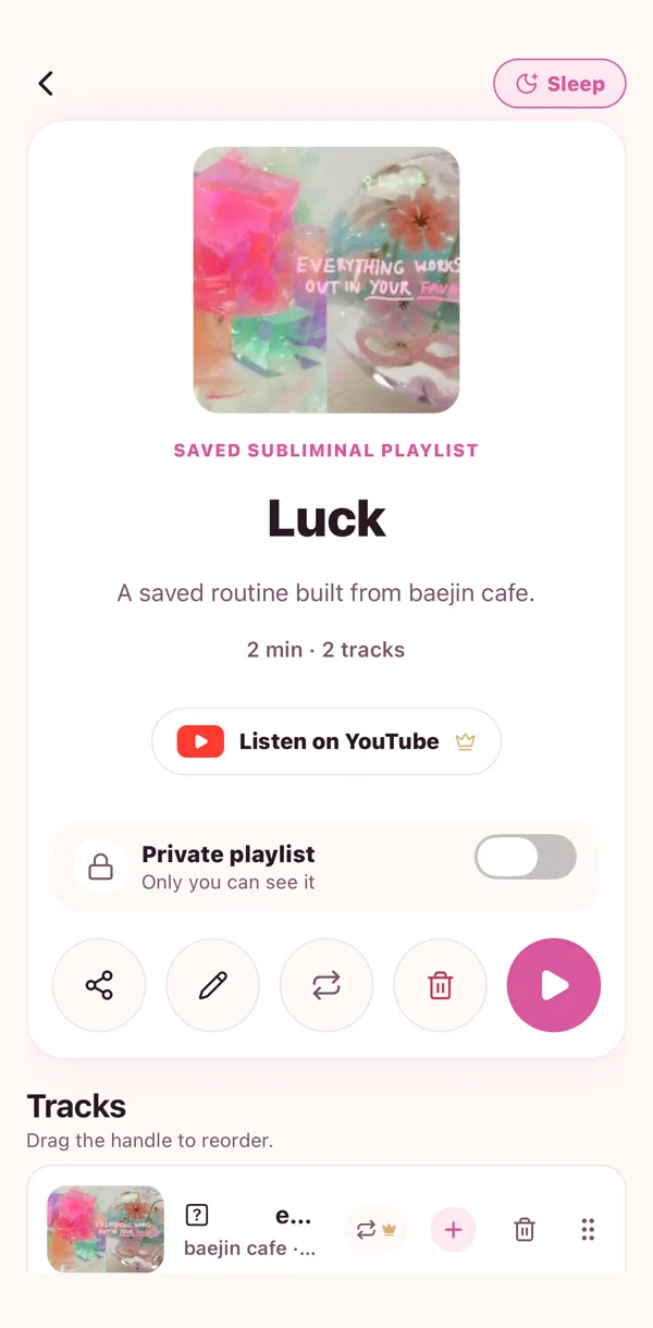 Every playlist has its own page. Drag the handle to reorder.
